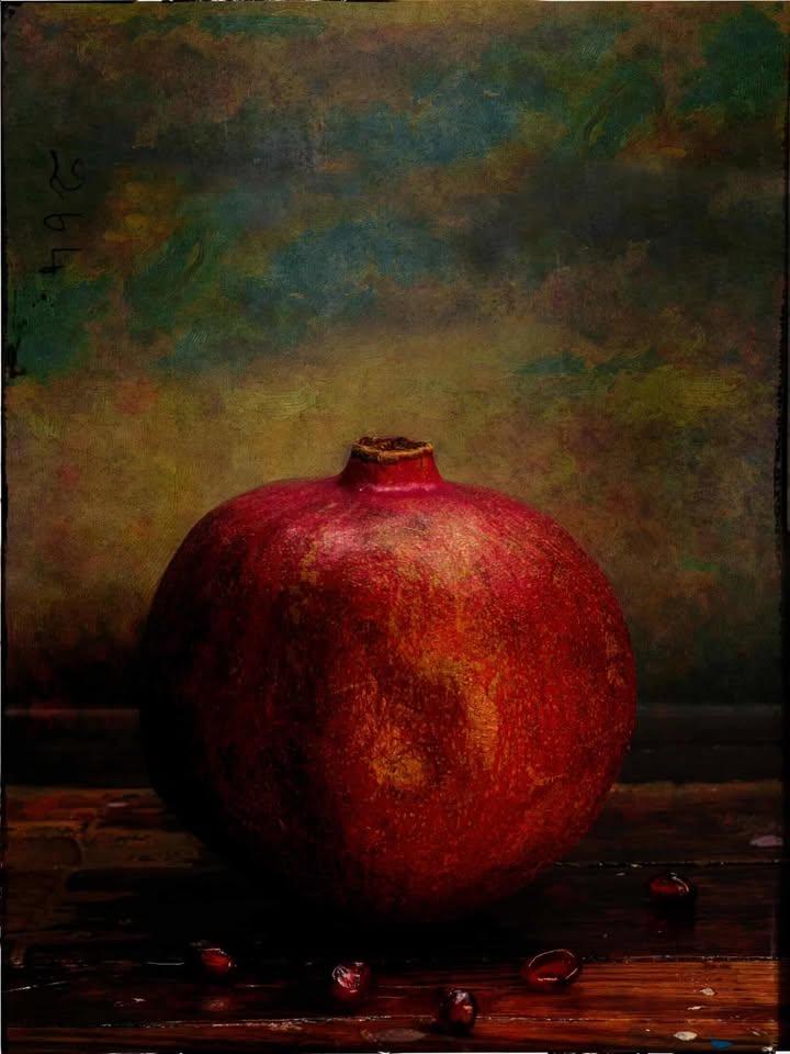 Image of a pomegranate and 5 pomegranate arils. Photo by Mark Kirsch.